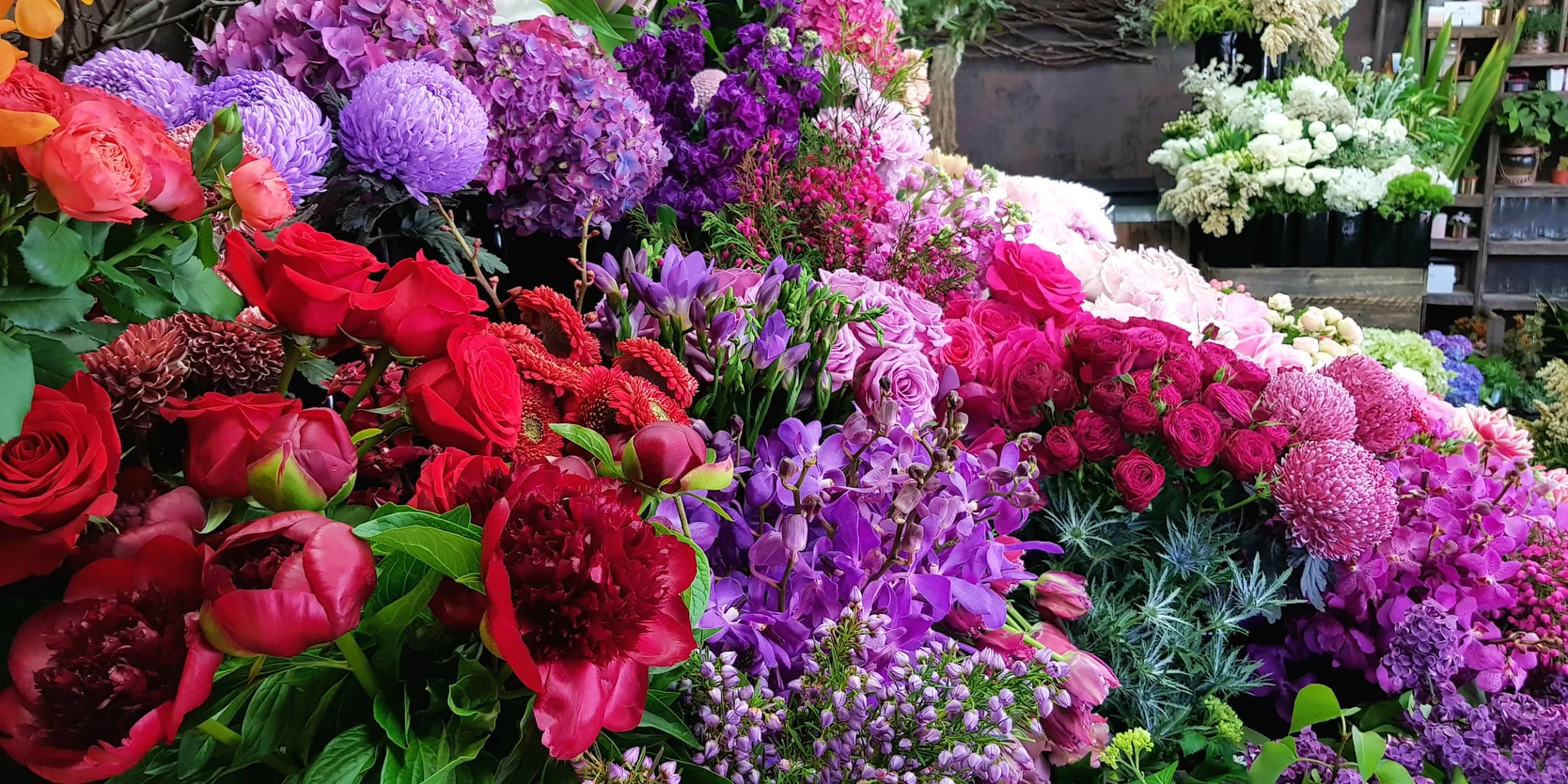 A wall of fresh-cut roses, peonies and stocks inside The Flower Room